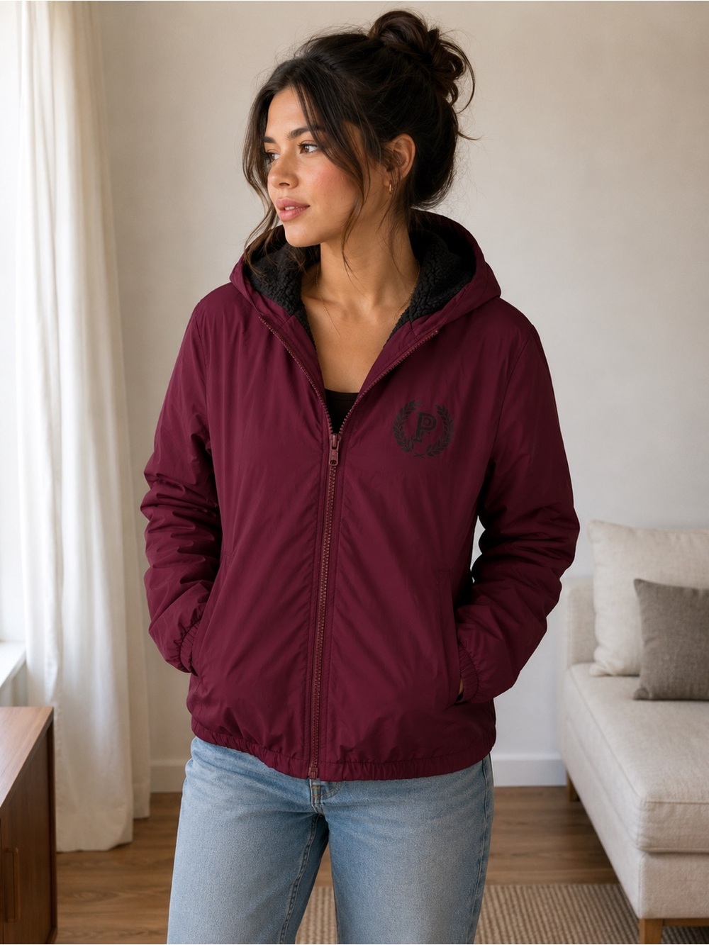 Victoria’s Secret PINK Sherpa Lined Hooded Jacket Burgundy Full Zip Coat XS/S